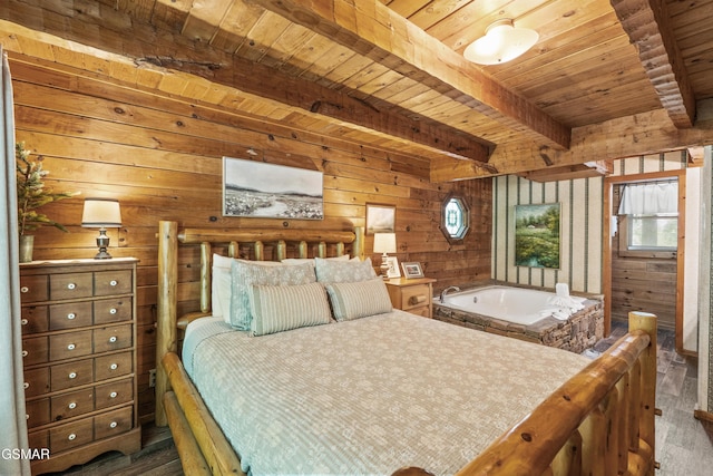1514 Ridgecrest Dr, Sevierville, TN 37876 - bedroom featuring wood finished floors, wooden walls, and wooden ceiling with exposed beams