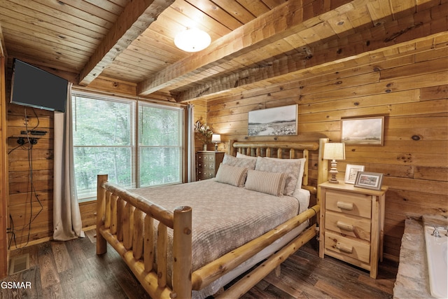 1514 Ridgecrest Dr, Sevierville, TN 37876 - bedroom with wooden ceiling with exposed beams, wood walls, and dark wood-style flooring