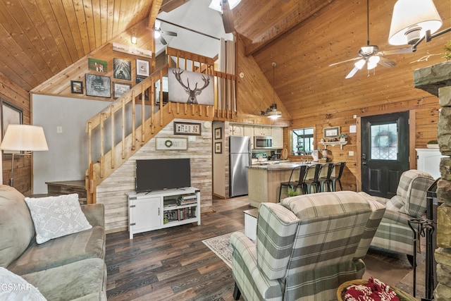 1514 Ridgecrest Dr, Sevierville, TN 37876 - living area with ceiling fan, stairs, wooden ceiling, high vaulted ceiling, and dark wood-type flooring