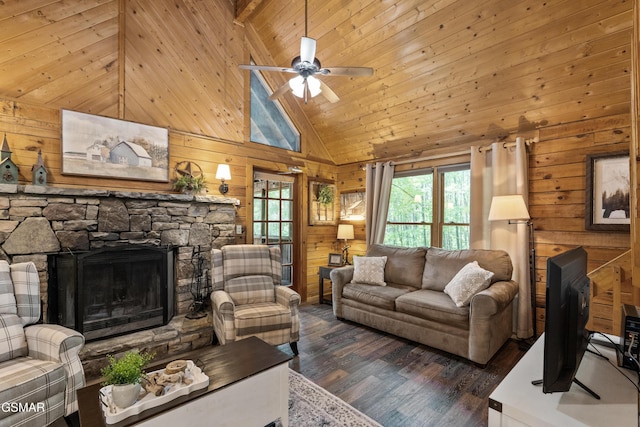 1514 Ridgecrest Dr, Sevierville, TN 37876 - living area featuring wood finished floors, wood walls, high vaulted ceiling, a stone fireplace, and wood ceiling