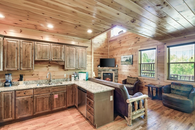 kitchen featuring sink, dishwasher, light stone counters, wood ceiling, and light wood-type flooring