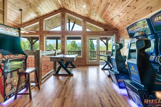 interior space featuring ceiling fan, wood-type flooring, wood ceiling, and lofted ceiling