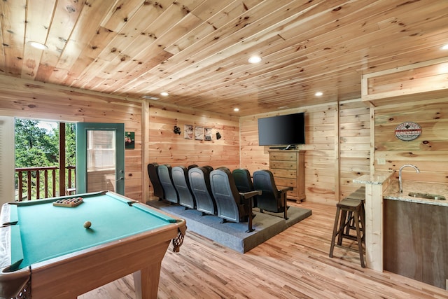 playroom featuring wood walls, sink, wood ceiling, and pool table