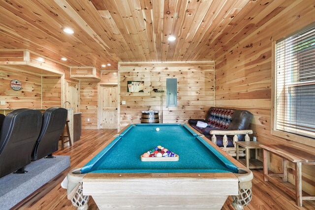 recreation room with wood-type flooring, wooden ceiling, billiards, electric panel, and wood walls