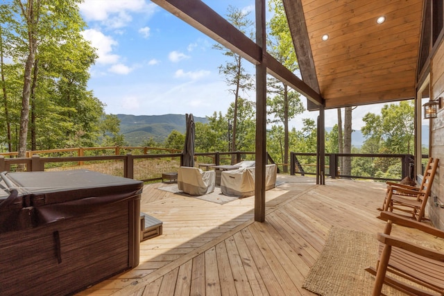 441 Matterhorn Dr, Gatlinburg, TN 37738 - wooden terrace featuring a mountain view and a hot tub