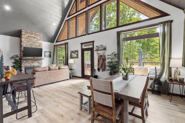 441 Matterhorn Dr, Gatlinburg, TN 37738 - dining room with a stone fireplace, high vaulted ceiling, and light wood-type flooring