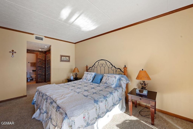 carpeted bedroom featuring crown molding and brick wall