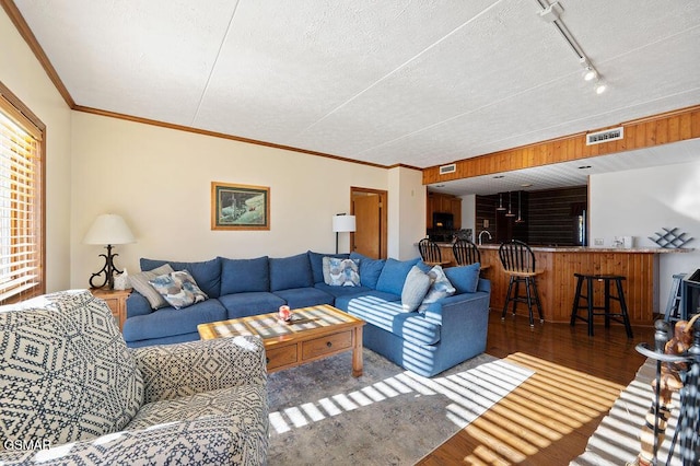 living room featuring rail lighting, dark hardwood / wood-style floors, crown molding, and sink