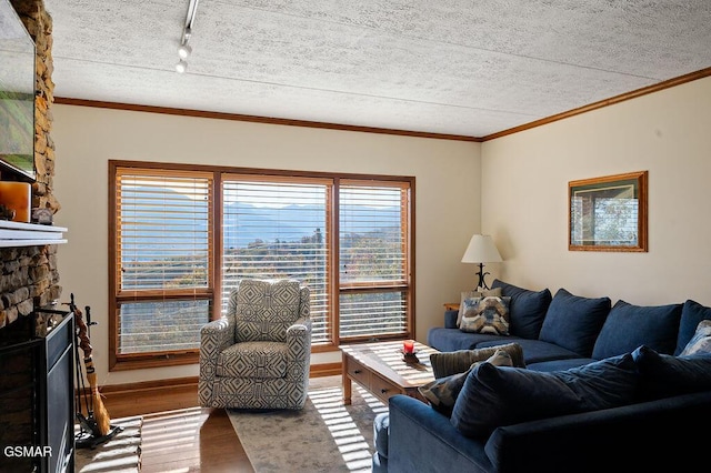 living room featuring a textured ceiling, rail lighting, a stone fireplace, and crown molding