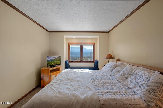 carpeted bedroom featuring crown molding and a textured ceiling