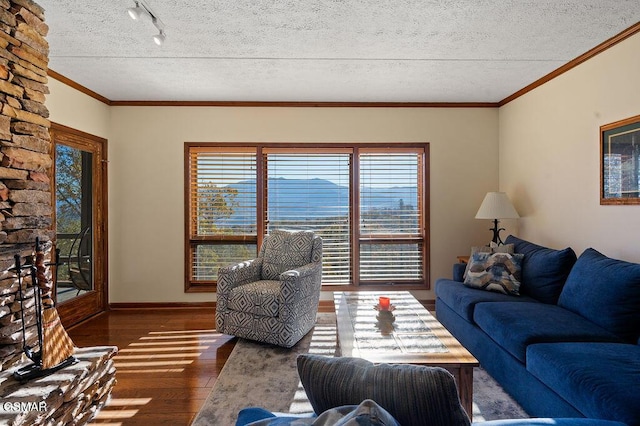 living room with rail lighting, dark hardwood / wood-style floors, crown molding, and a textured ceiling