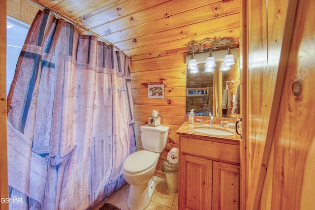 bathroom featuring toilet, wooden walls, wooden ceiling, tile patterned floors, and vanity