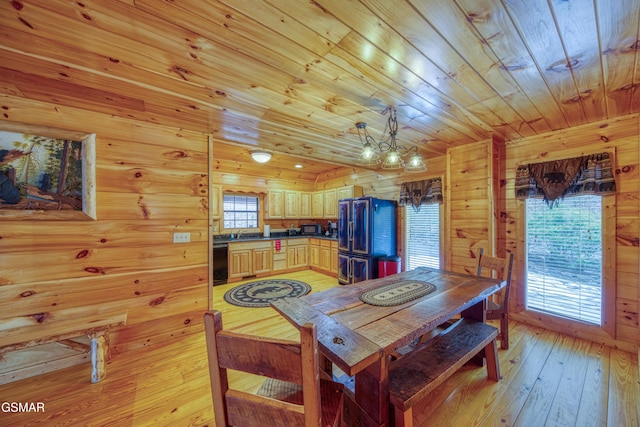 dining space with sink, a wealth of natural light, wood ceiling, and light wood-type flooring