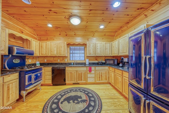 kitchen with vaulted ceiling, wood ceiling, extractor fan, and black appliances