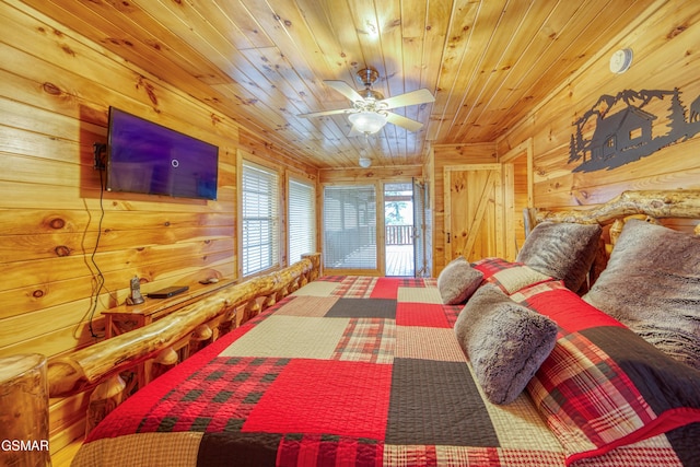 bedroom with ceiling fan, wood ceiling, and wooden walls