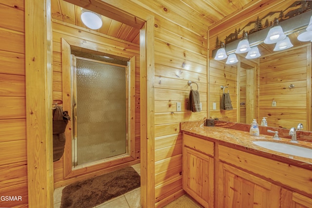 bathroom with vanity, wooden ceiling, an enclosed shower, and wooden walls