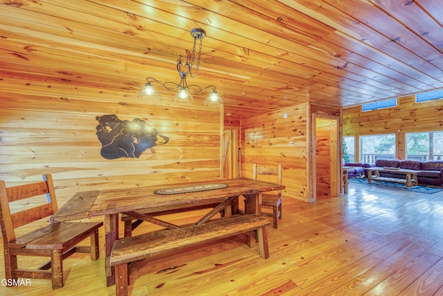 dining room featuring light wood-type flooring, wood ceiling, and wood walls