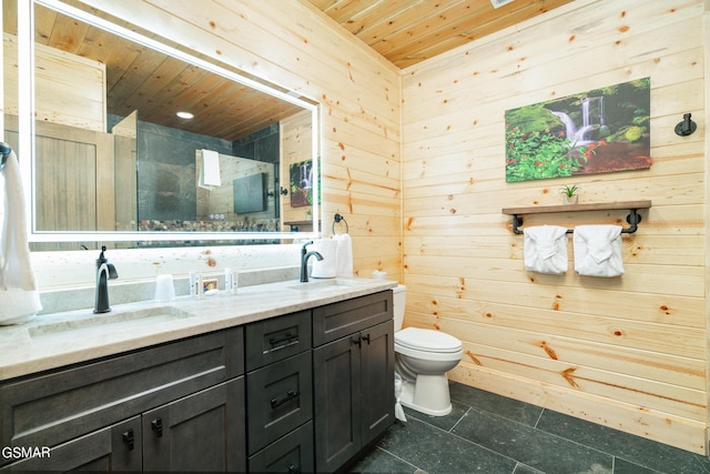 bathroom with wooden walls, vanity, wood ceiling, and toilet