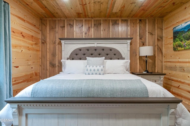 bedroom featuring wooden walls and wood ceiling