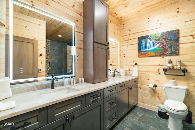 bathroom with vanity, toilet, wooden ceiling, and wood walls