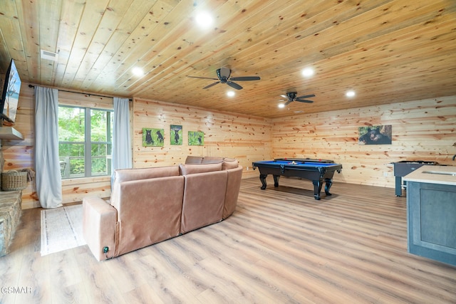 playroom with wood walls, light hardwood / wood-style floors, wooden ceiling, and pool table