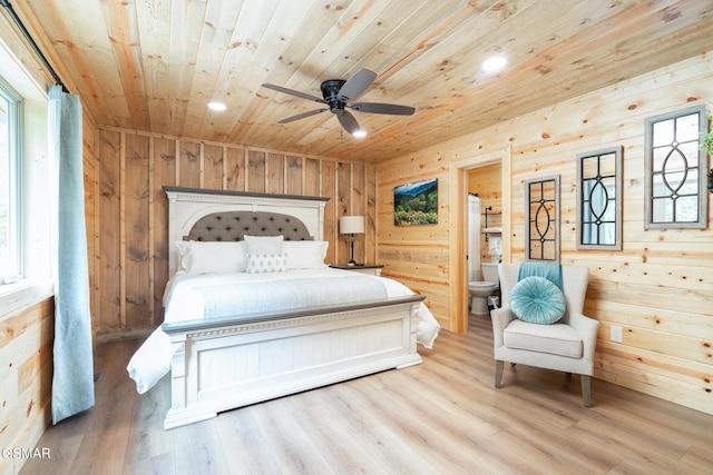 bedroom featuring ceiling fan, wood ceiling, and light hardwood / wood-style flooring