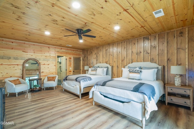 bedroom with hardwood / wood-style flooring, ceiling fan, wooden walls, and wood ceiling