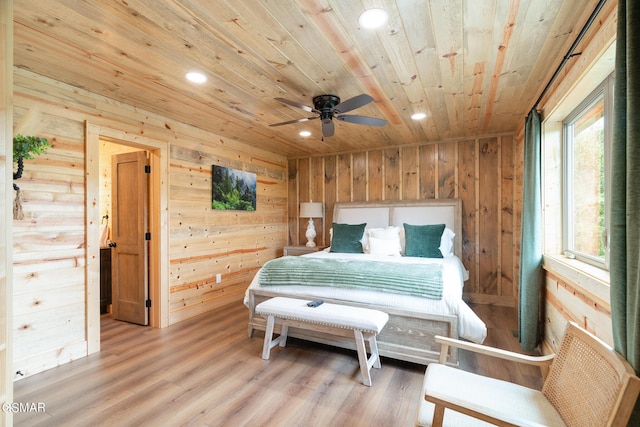 bedroom with wood ceiling, ceiling fan, light wood-type flooring, and wooden walls