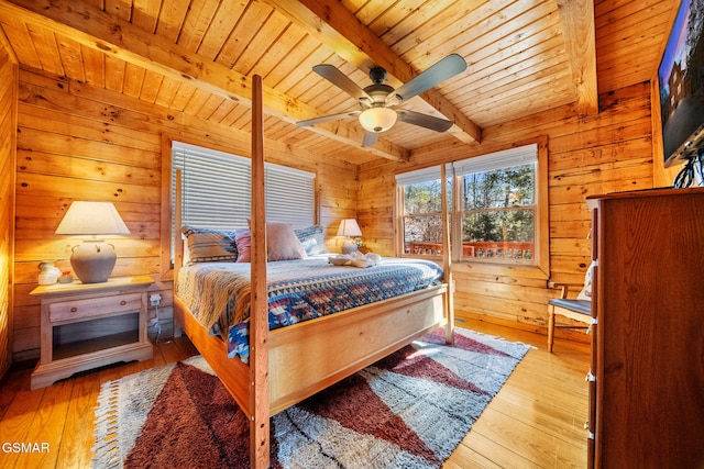 bedroom featuring beam ceiling, light hardwood / wood-style floors, ceiling fan, and wood walls