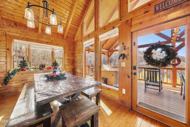 dining space with an inviting chandelier, vaulted ceiling with beams, wood walls, wood-type flooring, and wood ceiling