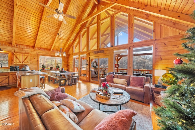 living room with beamed ceiling, high vaulted ceiling, light wood-type flooring, and wood ceiling