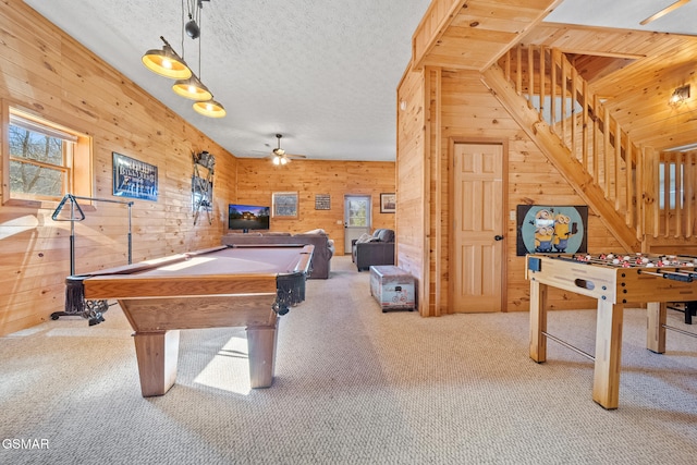 playroom featuring ceiling fan, light colored carpet, a textured ceiling, and billiards