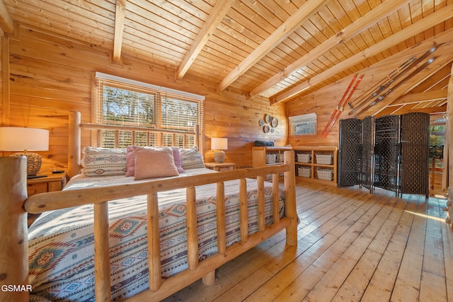 bedroom with lofted ceiling with beams, wood walls, wood ceiling, and wood-type flooring