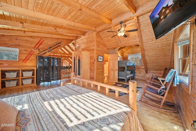 bedroom featuring lofted ceiling with beams, light hardwood / wood-style flooring, wood walls, and wood ceiling