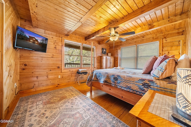 bedroom featuring ceiling fan, beam ceiling, hardwood / wood-style flooring, wooden ceiling, and wood walls