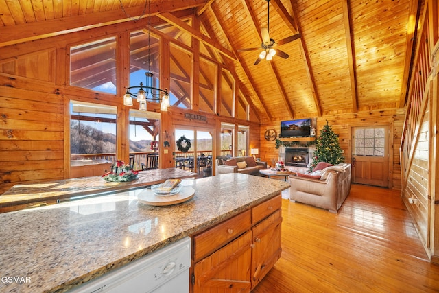 kitchen featuring beamed ceiling, light stone countertops, wooden ceiling, and wooden walls