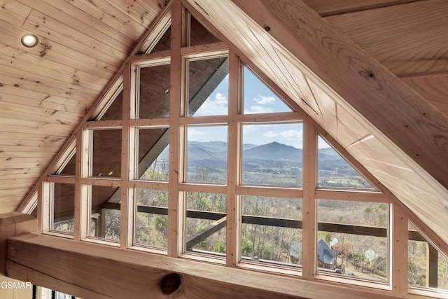 bonus room with vaulted ceiling, a wealth of natural light, wooden ceiling, and a mountain view