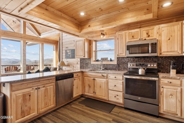 kitchen with a sink, appliances with stainless steel finishes, backsplash, and light brown cabinets