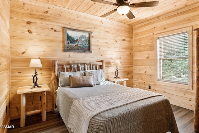 bedroom with a ceiling fan, wood ceiling, wood walls, and wood finished floors