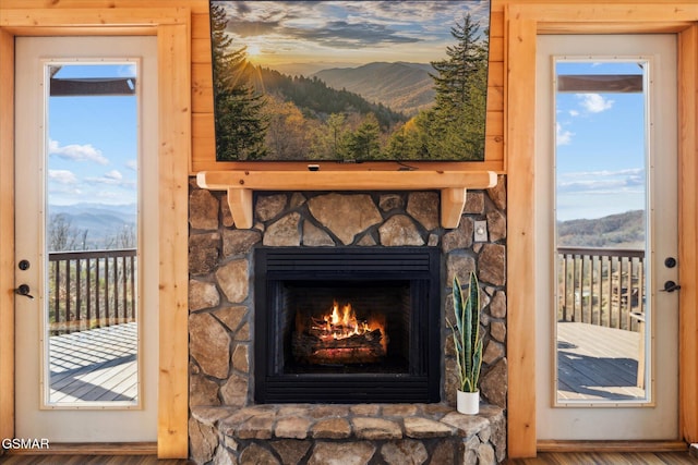 room details with a stone fireplace and wood finished floors