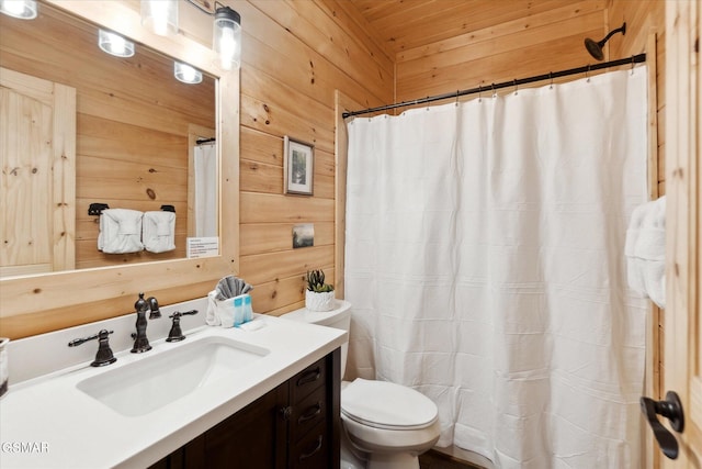 bathroom featuring toilet, wood walls, vanity, a shower with curtain, and wooden ceiling