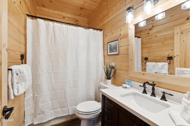 bathroom featuring wooden walls, toilet, a shower with curtain, wood ceiling, and vanity