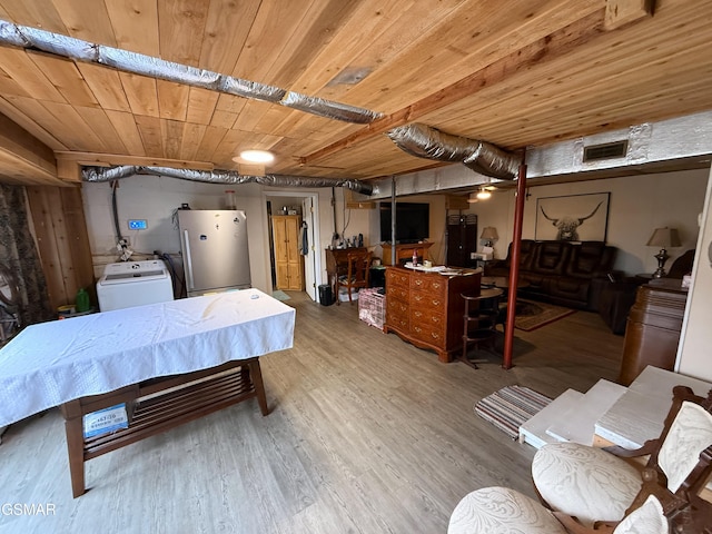 bedroom featuring visible vents, freestanding refrigerator, wood finished floors, washer / dryer, and wooden ceiling