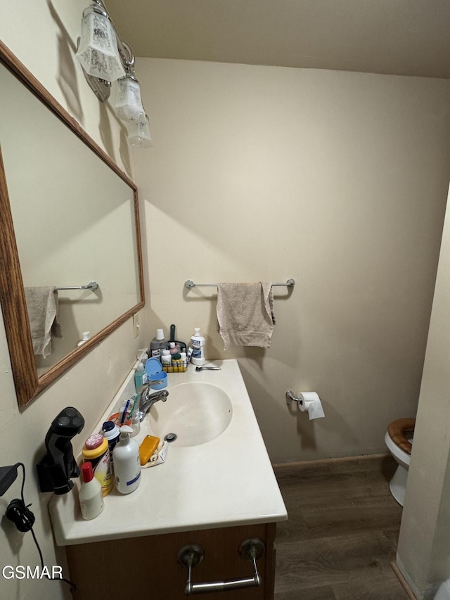 bathroom featuring vanity, toilet, and wood-type flooring