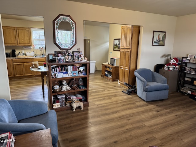 living room featuring hardwood / wood-style flooring and sink