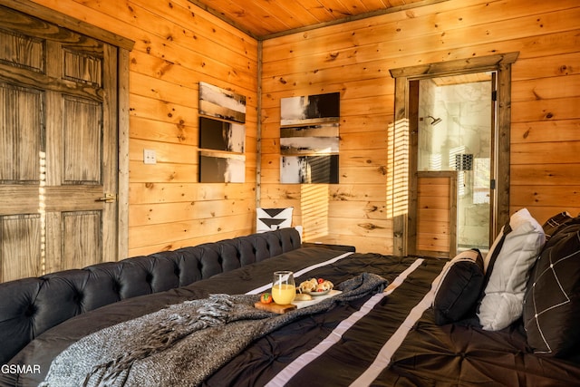 bedroom featuring wood walls and wood ceiling