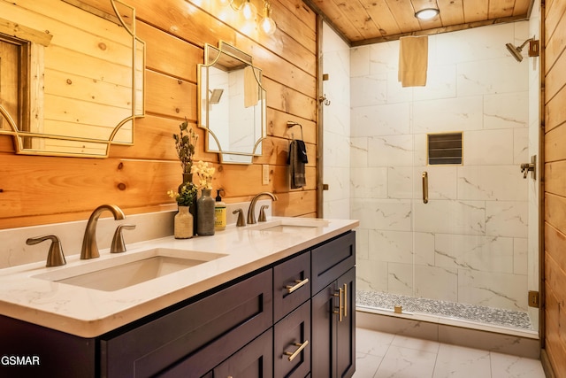 bathroom featuring vanity, wooden ceiling, walk in shower, and wooden walls