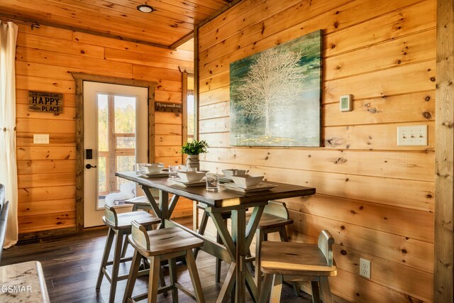 dining room featuring dark hardwood / wood-style flooring, wooden ceiling, and wooden walls