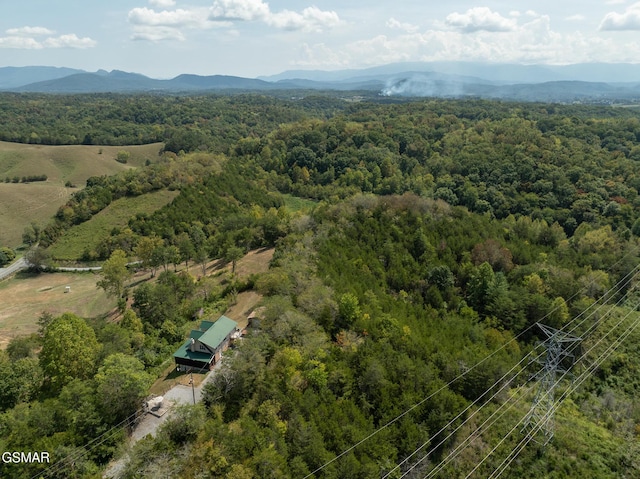 drone / aerial view featuring a mountain view and a forest view