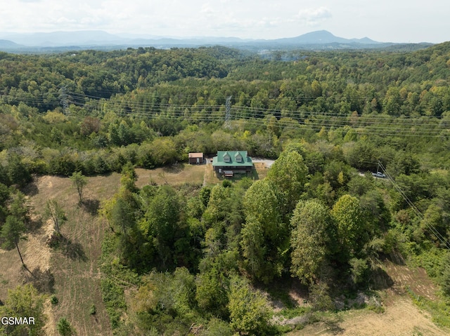birds eye view of property featuring a mountain view and a view of trees